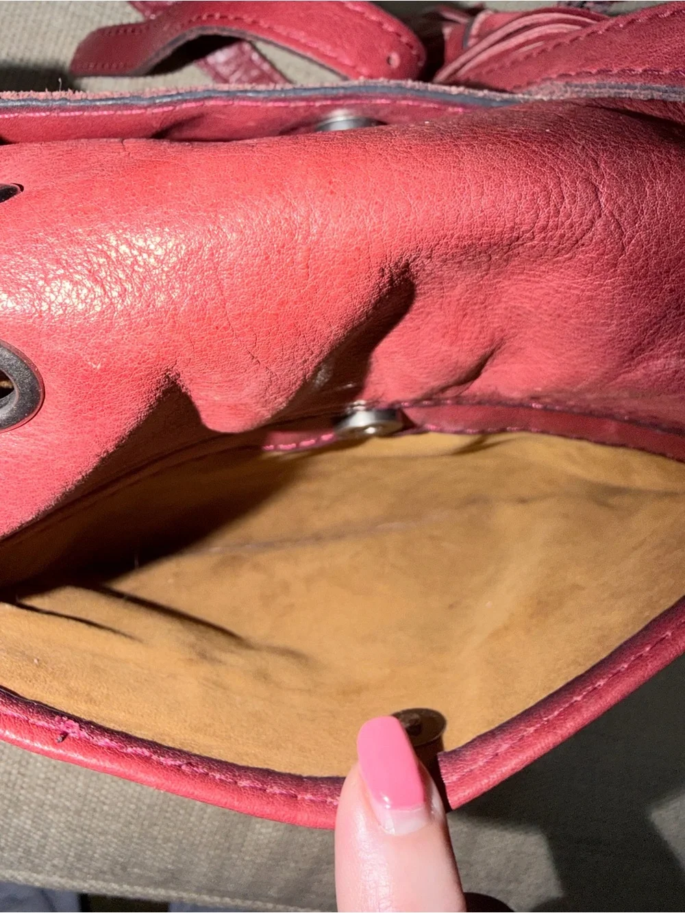 Patricia Nash Karis Leather Whipstitch Saddle Bag in a rich red/berry
